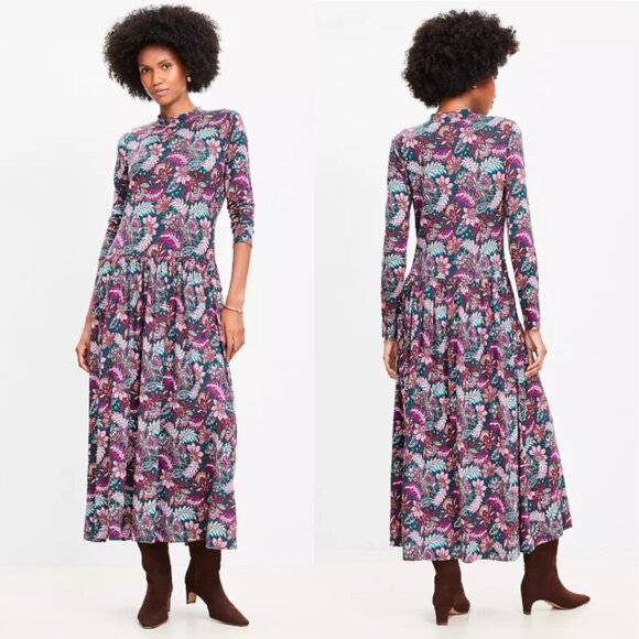 LOFT Paisley Jersey Mock Neck Midi Dress NWT in Small Petite - Picture 1 of 10